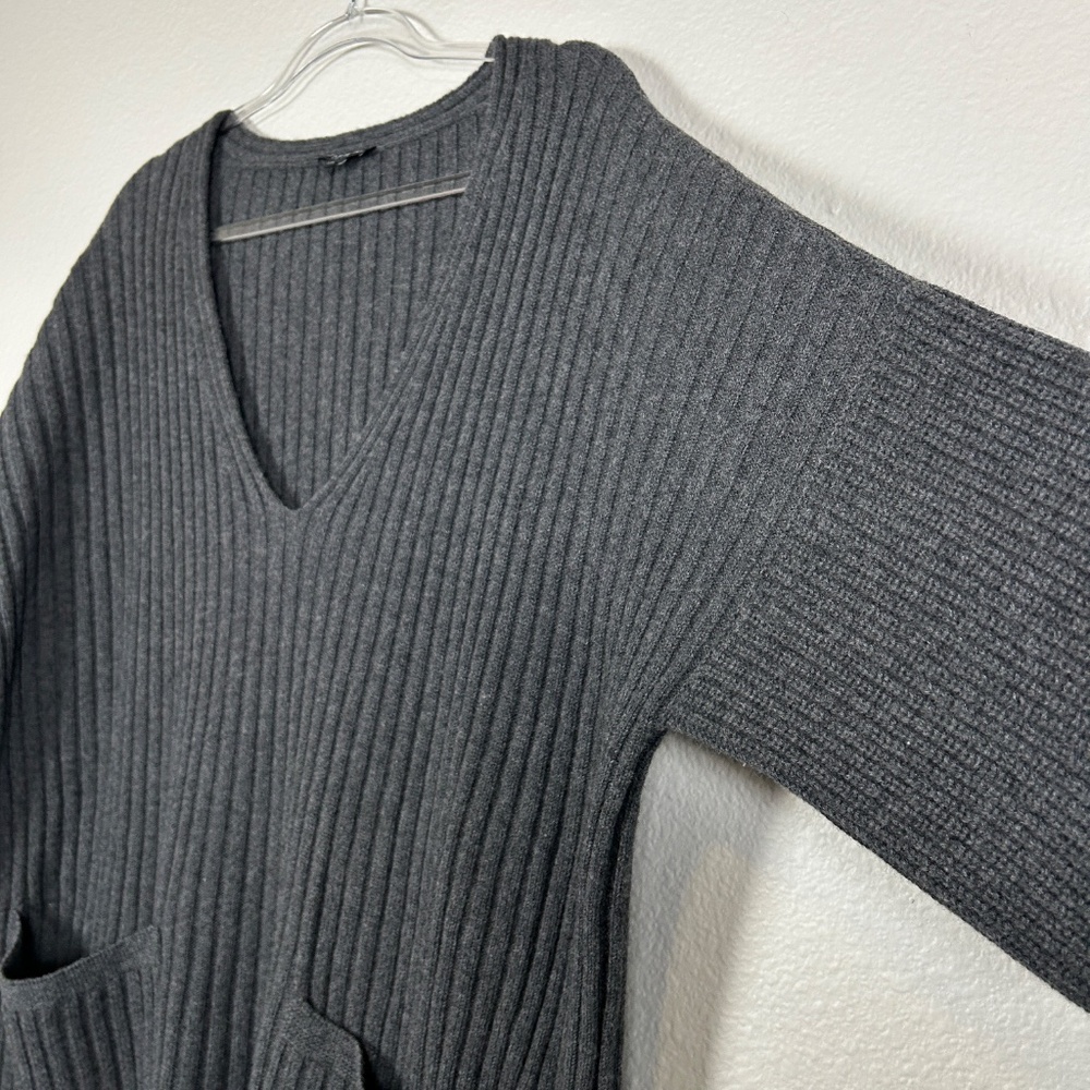 Lafayette 148 size XL short sleeve v-neck sweater 100% wool ribbed gray w pocket - Picture 7 of 11